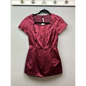 Prada Top Womens 40 Burgundy Silk Duchesse Made in Italy Short Sleeve P9264